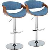 Curvo Adjustable Swivel Bar Stool in Chrome, Walnut Wood & Blue Fabric (Set of 2)